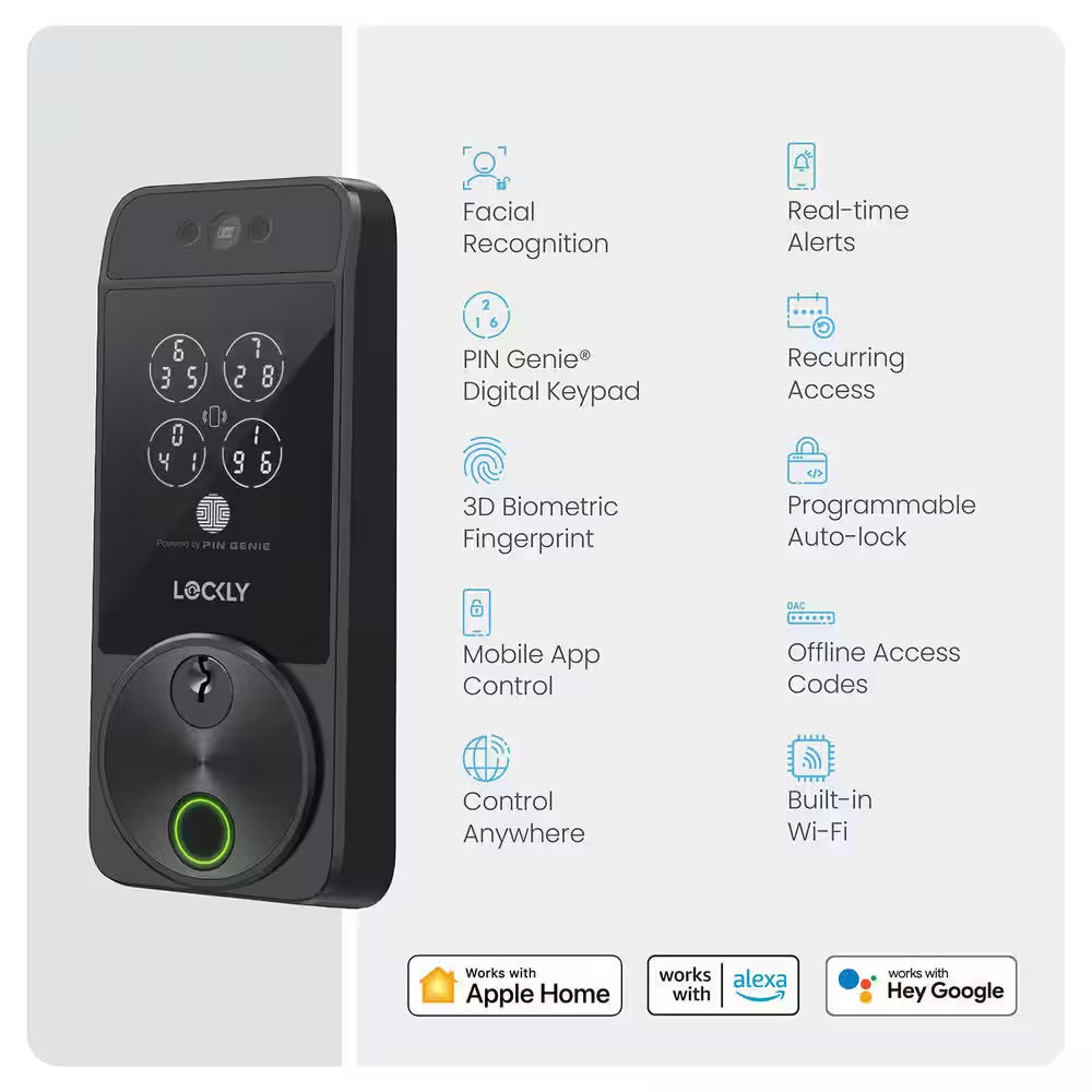 Visage Facial Recognition Zeno Matte Black Deadbolt Wi-Fi Smart Lock, Home Key, Fingerprint, Keypad, Siri/Alexa/Google