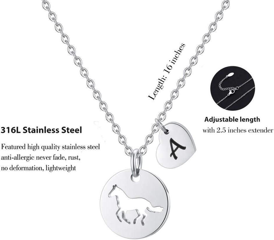 Horse Gifts for Girls - Stainless Steel Heart Initial A-Z Necklace, Dainty Jewelry for Women, Teen Girls, Horse Lovers