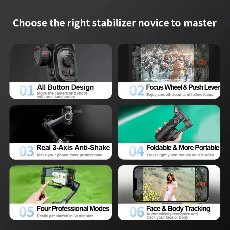 3-Axis Handheld Gimbal Stabilizer Smartxe for Smartphone for Iphone Android AI Face Tracking Tiktok Vlog