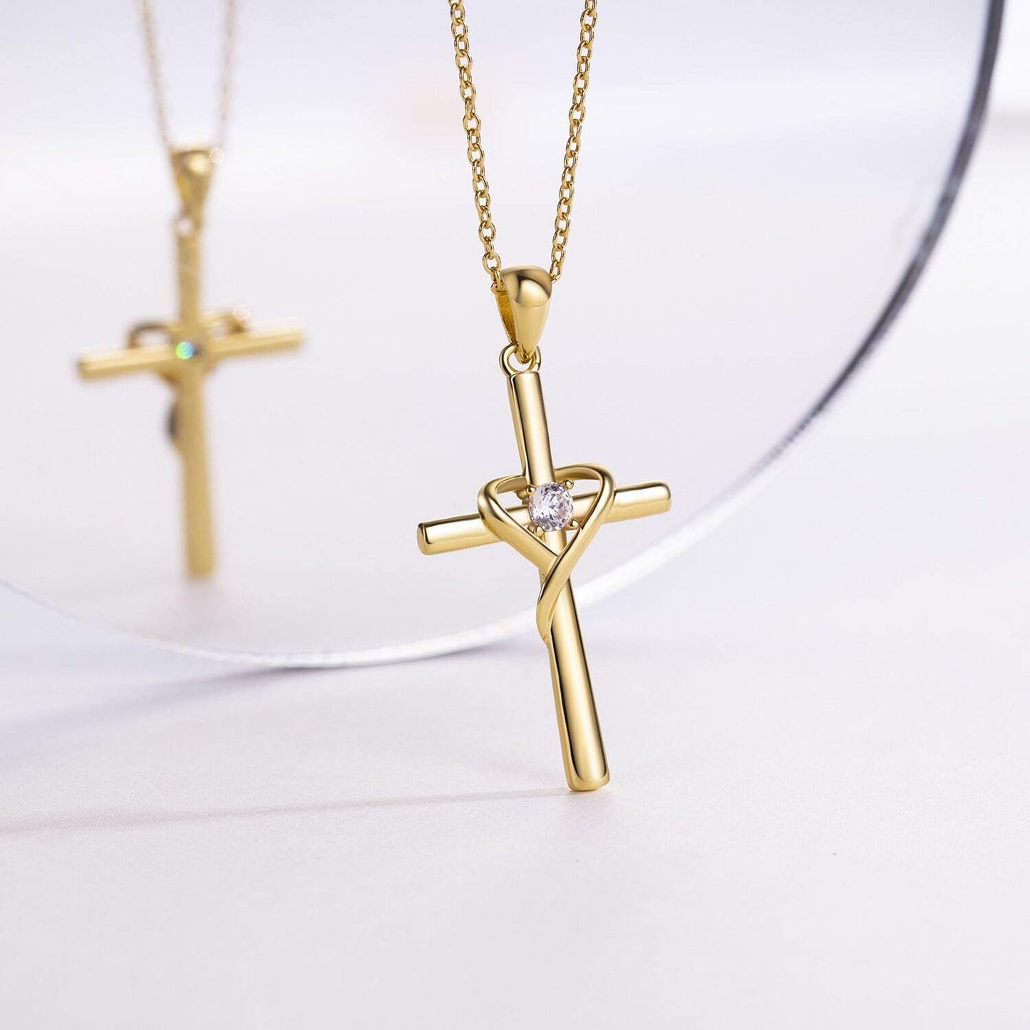 925 Sterling Silver Cross Necklace for Women Men 14K Gold Plated Birthstone Necklaces 5A CZ Rose Gold Necklace for Easter or Christmas