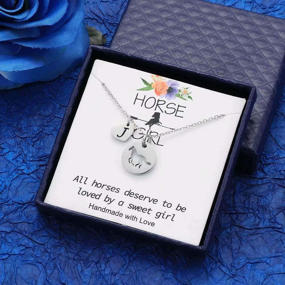 Horse Gifts for Girls - Stainless Steel Heart Initial A-Z Necklace, Dainty Jewelry for Women, Teen Girls, Horse Lovers