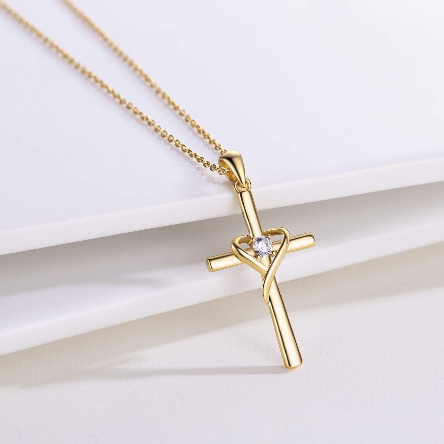 925 Sterling Silver Cross Necklace for Women Men 14K Gold Plated Birthstone Necklaces 5A CZ Rose Gold Necklace for Easter or Christmas